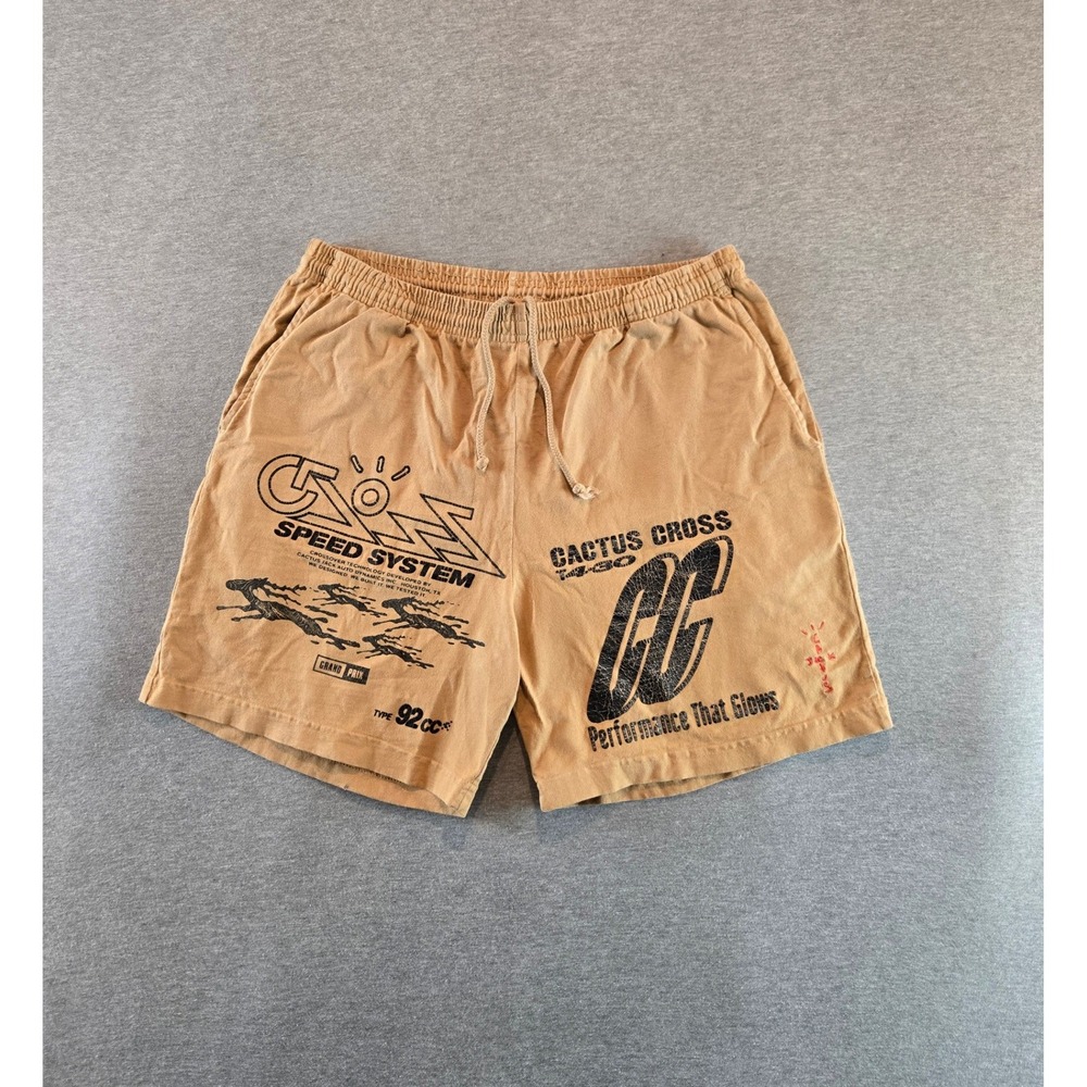 Cactus Jack Trails Shorts Men Large Tan 92CC Travis Scott Graphic Streetwear